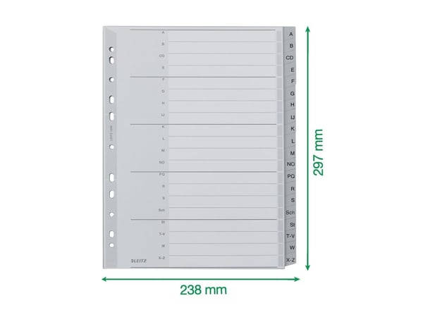 Leitz - Inndeler - 20 deler - fortrykt: A-Z - for A4 (210 x 297 mm) - med fliker - grå