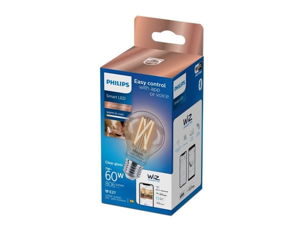 Philips Smart - LED-glödlampa med filament - form: A60 - klar finish - E27 - 7 W (motsvarande 60 W) - klass E - tonbar vit - 2700-6500 K