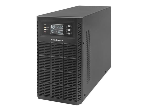 Qoltec - UPS - tehokerroin 1.0, LCD, EPO, online - AC 110-300 V - 3000 Watt - 3000 VA - 7 At - RS-232, USB, RJ-45 - lähtöliittimet: 4 - musta
