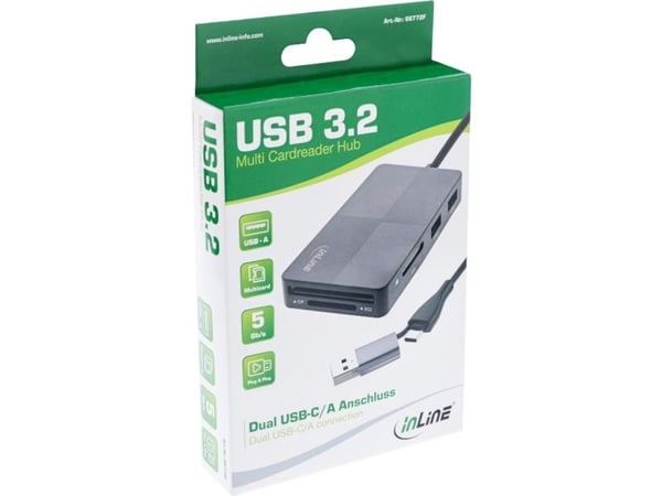 InLine 66772F, Compact Flash (CF), Memory Stick (MS), MicroSD (TransFlash), SD, xD, Grå, USB, 0,3 m, MacOS, Android