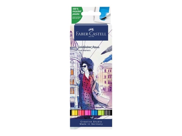 Faber-Castell Creative Studio Goldfaber Aqua - Brush pen and fineliner combo - assorterte farger - vannbasert fargestoffblekk - 4 mm (en pakke 6)