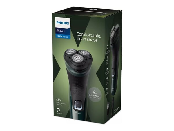 Philips Shaver 3000X Series X3002/00 Elektrisk rakapparat för våt- och torrakning, Roterande rakhuvud, Svart, Grön, Batteri, Nickel-metallhydrid (N...