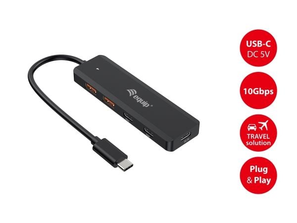 Equip 128966, USB 3.2 Gen 2 (3.1 Gen 2) Type-C, USB 3.2 Gen 2 (3.1 Gen 2) Type-C, USB 3.2 Gen 2 (3.1 Gen 2) Type-A, 10000 Mbit/s, Sort, 0,18 m, Kina