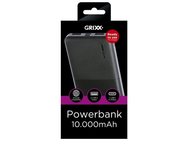 Philips Grixx bærbart batteri, 10000 mAh, med mikro-USB og USB-C, svart