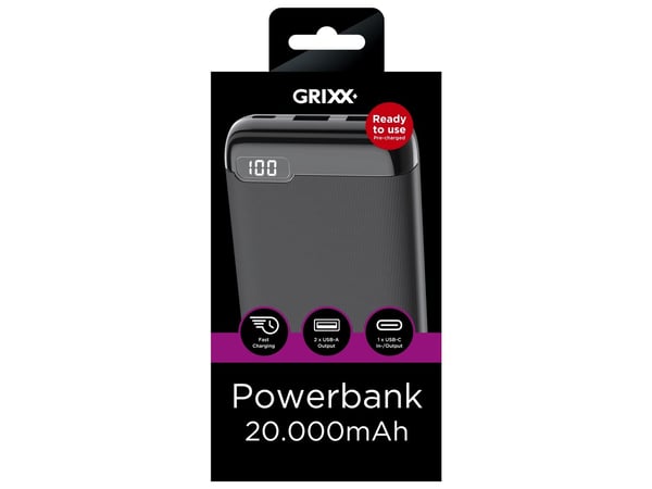 Grixx Powerbank 20000mAh strømforsyning med USB-C-port i svart