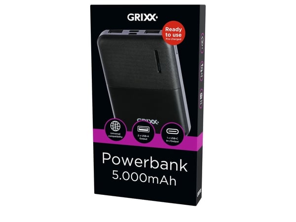 Grixx powerbank 5000 mAh Micro USB & USB-C svart