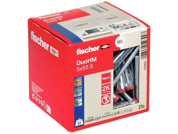 Fischer DuoHM 5 x 55 S PH PZ, Väggplugg, Grå, Pozidriv, PZ2, 5 mm, 55 mm