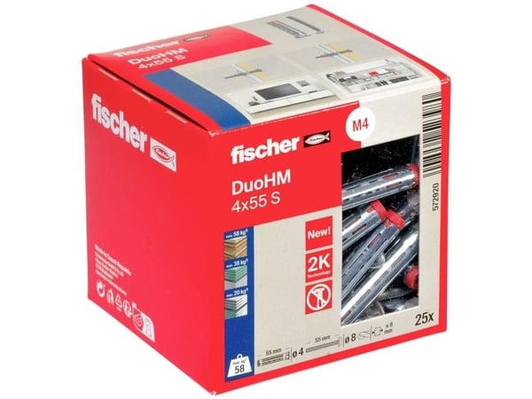Fischer DuoHM 4 x 55 S PH PZ, Kiinnitystulppa, Harmaa, Pozidriv, PZ2, 4 mm, 55 mm