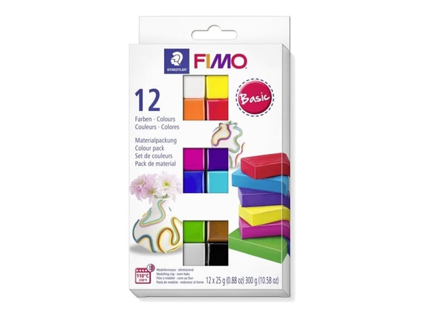 FIMO Soft Basic - Modeling clay set - 12 deler - 300 g - hvit, sitronfarge, bringebær, indianerrød, briljant blå, peppermynte, mandarin, tropisk gr...