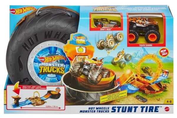 Hot Wheels Monster Trucks Stunt Tire-lekset med avfyrare, en Hot Wheel-bil i skala 1:64 och en Monster Truck, Set med monstertruck och bana, 4 År, ...