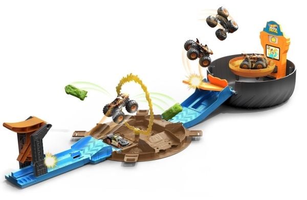 Hot Wheels Monster Trucks Stunt Tire-lekset med avfyrare, en Hot Wheel-bil i skala 1:64 och en Monster Truck, Set med monstertruck och bana, 4 År, ...