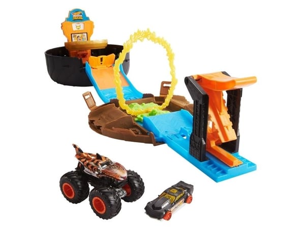 Hot Wheels Monster Trucks Stunt Tire-lekset med avfyrare, en Hot Wheel-bil i skala 1:64 och en Monster Truck, Set med monstertruck och bana, 4 År, ...