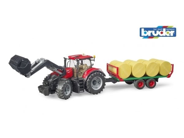 Bruder Case IH Optum 300 CVX with frontloader with bale transport trailer toy