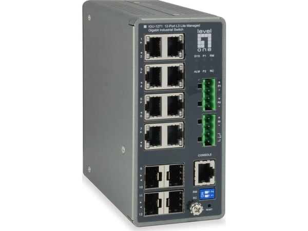 LevelOne IGU-1271 - Switch - L3 Lite - Styrt - 8 x 10/100/1000 + 4 x Gigabit SFP - DIN-skinnemonterbar - DC-strøm