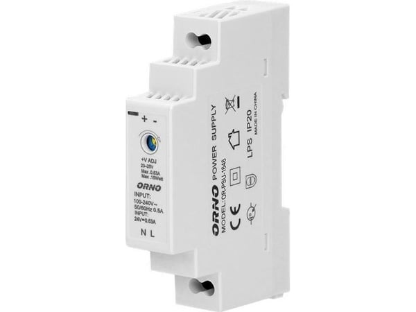 Orno DIN-kiskovirtalähde 24VDC, 0,63A, 15W, 1 moduulin leveys