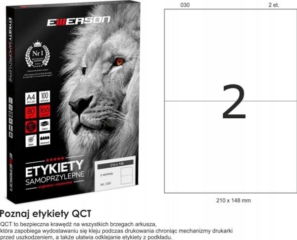 Selvklebende etiketter 210x148mm EMERSON 030 QCT eta4t210x148we hvite 1000ark*2stk