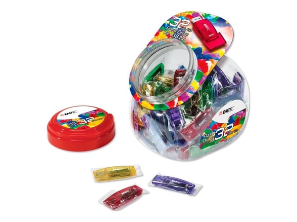 EMTEC C410 Color Mix Candy jar - USB-flashstasjon - 32 GB - USB 2.0 - slikkerirød, candy blue, sukkertøysgul, candy green, candy purple (en pakke 80)