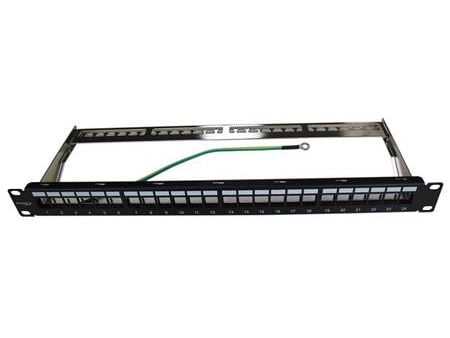 Patchpanel 19" 1HE, 24 porte for Csslr Plus UTP / FTP Tool-less keystone konnektor, farve: sort incl. 4mm² jordledning