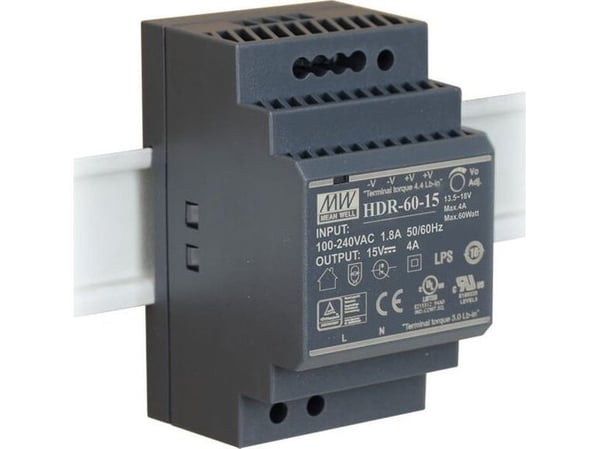 Mean Well 15V strømforsyning for DIN-skinne TH35 60W Mean Well HDR