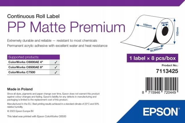 Epson Premium - Polypropylen (PP) - matt - permanent akryl-adhesiv - Rull (10,2 cm x 55 m) 8 rull(er) sammenhengende etikettpapir
