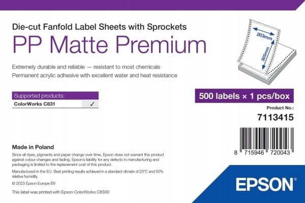 Epson Premium - Polypropylen (PP) - matt - permanent akryl-adhesiv - 203 x 305 mm 500 etikett(er) støpekuttet siksakfalsete etiketter med hull