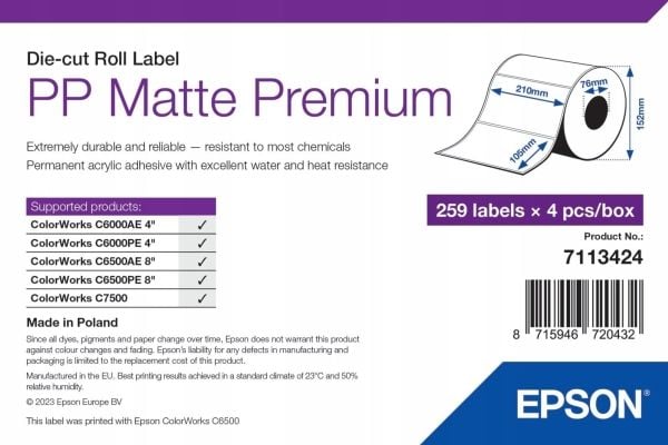 Epson Premium - Polypropylen (PP) - matt - permanent akryl-adhesiv - 105 x 210 mm 1036 etikett(er) (4 rull(er) x 259 stanseskårne etiketter