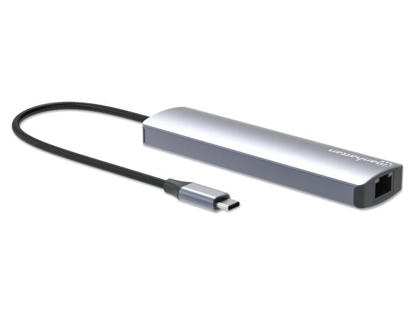 Manhattan 153959, Koblet med ledninger (ikke trådløs), USB 3.2 Gen 1 (3.1 Gen 1) Type-C, 100 W, 10,100,1000 Mbit/s, Sølv, 5 Gbit/s