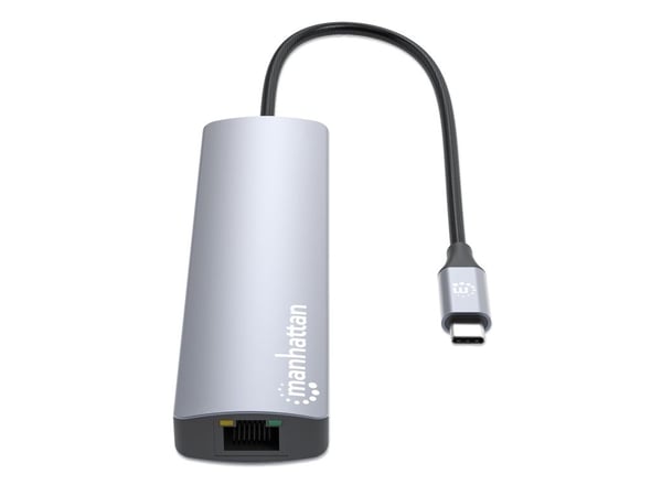 Manhattan 153959, Koblet med ledninger (ikke trådløs), USB 3.2 Gen 1 (3.1 Gen 1) Type-C, 100 W, 10,100,1000 Mbit/s, Sølv, 5 Gbit/s