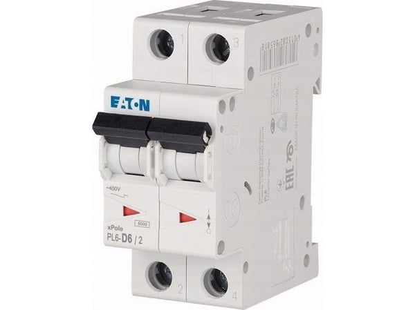 Eaton överlastbrytare 2P D 6A 6kA AC PL6-D6/2 286576