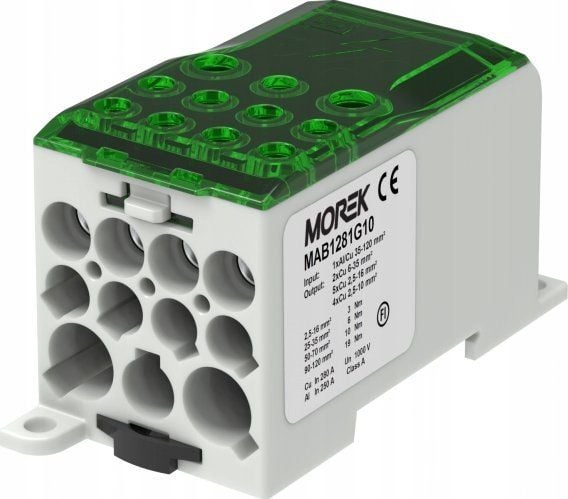MOREK Jakelu - Kytkentälohko OJL280A vihreä sisään: 1xAl/Cu 35-120 ulos: 2x6-35mm2/5x2.5-16mm2/ 4x2.5-10mm2 1000V MAB1281G10