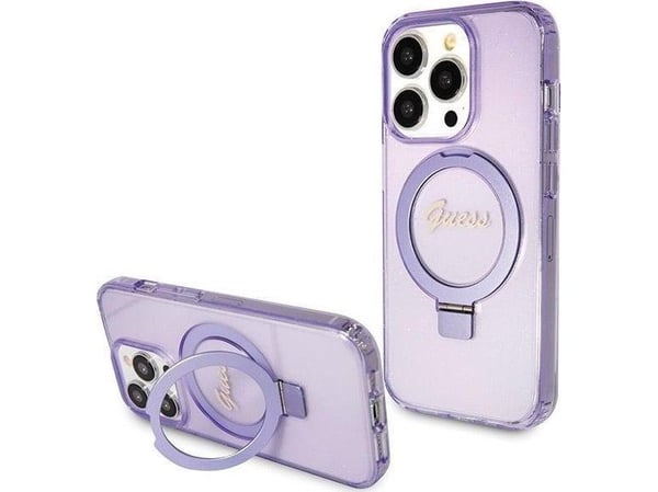 Apple iPhone 13 Pro Max Guess Case Ring Stand Script Glitter MagSafe (GUHMP13XHRSGSU) violetti