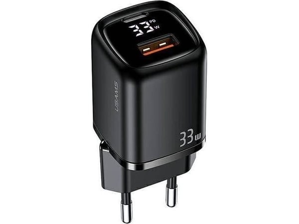 USAMS trådbunden laddare 1xUSB-C + 1xUSB T46 33W (endast laddare) PD3.0 + QC3.0 snabb laddning - svart CC152TC01