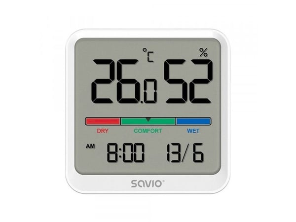 Självupptagande temperaturgivare och fuktgivare för inomhusbruk, LCD-display, klocka, datum, magnethållare, CT-01/W Vit