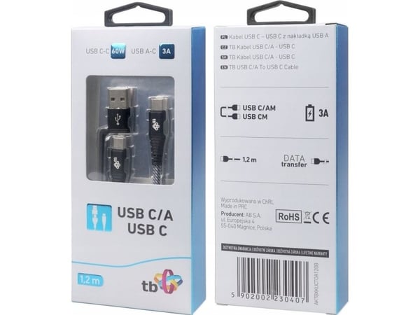 USB-kabel TB USB-A + USB-C til USB-C 1,2 m, svart (AKTBXKUCTOA120B)