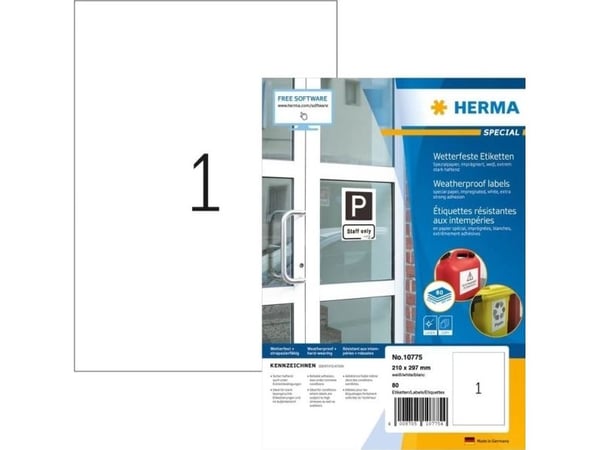 HERMA 10775, Hvit, Selvklebende skriveretikett, Utstanset etikett, Papir, Laser, Permanent