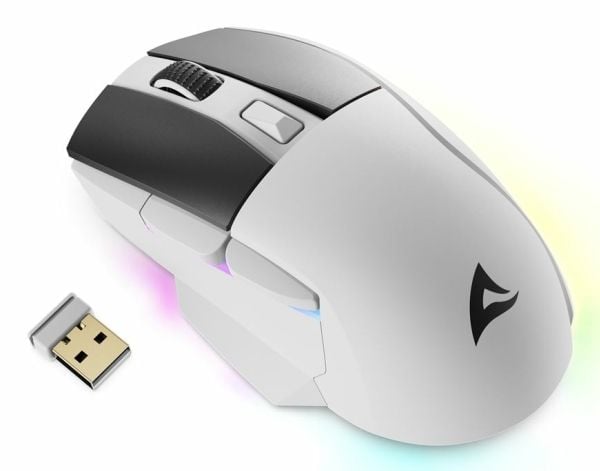 Sharkoon SKILLER SGM50W - Mus - optisk - 6 knapper - trådløs, kablet - 2.4 GHz, USB-C - USB trådløs mottaker - hvit