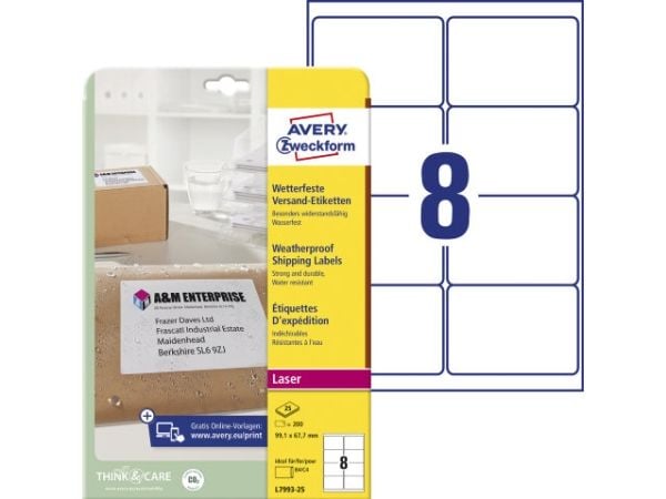 Avery Zweckform L7993 - Permanet adhesiv - hvit - 67.7 x 99.1 mm 200 etikett(er) (25 ark x 8) forsendelsesetiketter