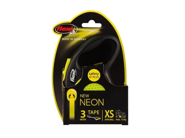 Flexi New NEON, Hund, Tilbaketrekkelig, Sort, Gult, Teip, 12 kg, 3 m
