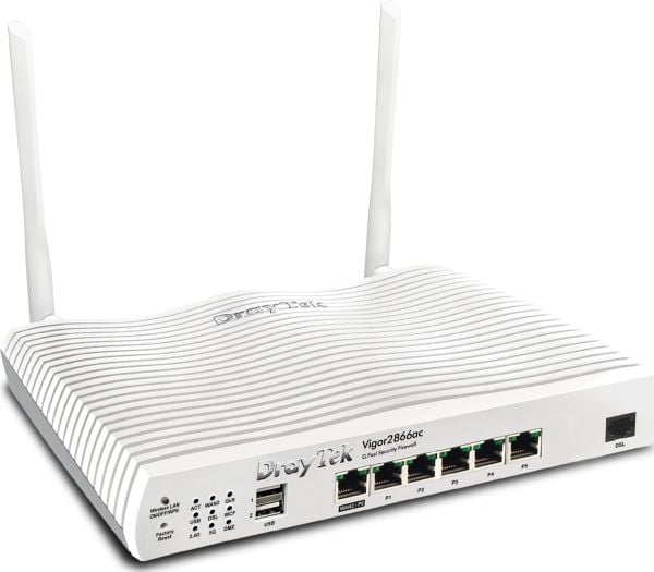 Draytek Vigor 2866Vac, Wi-Fi 5 (802.11ac), Kaksitaajuus (2,4 GHz/5 GHz), Ethernet LAN, ADSL, Valkoinen, Pöytäreititin