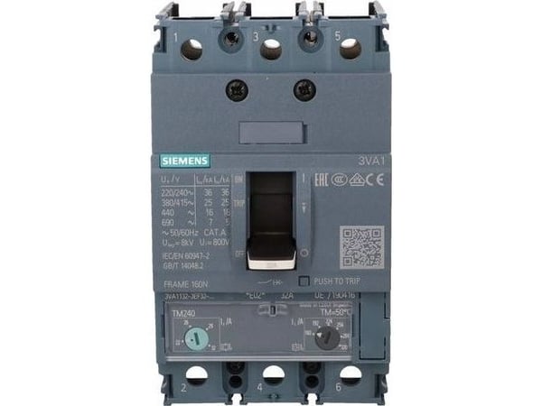 Siemens 3VA1132-3EF32-0AA0 Katkaisija 1 kpl Asetusalue (virta): 22 - 32 A Kytkentäjännite (max.): 690 V/AC (L x K x S) 76,2 x 130 x 70 mm