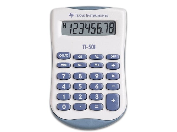 Texas Instruments TI-501, Lomme, Grunnleggende, 8 sifre, Batteri, Blå, Hvit