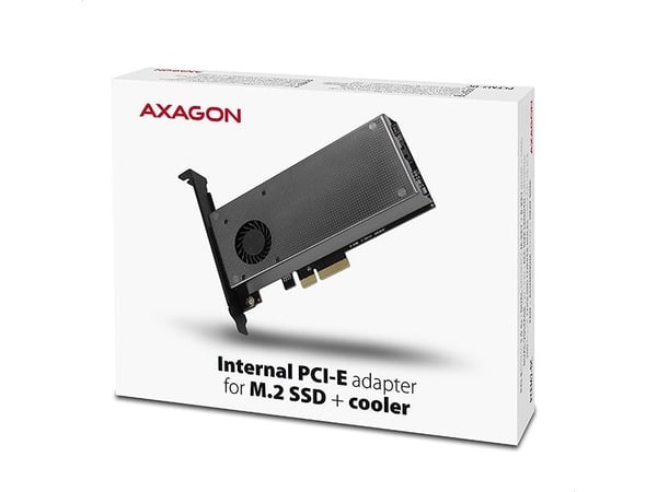 AXAGON PCEM2-DC PCIe-3.0-x4-sovitin, 1x M.2-NVMe, 1x M.2-SATA, jopa 22110 - aktiivinen jäähdytys