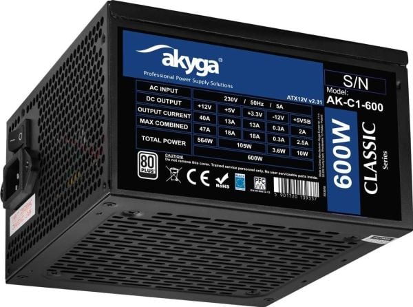 ATX 600W strømforsyning Akyga AK-C1-600 P4+4 2x PCI-E 6+2 pin 5x SATA 3x Molex APFC FAN 12cm