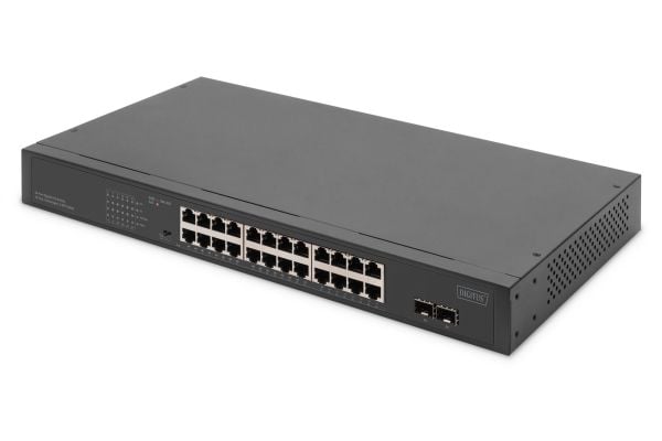 DIGITUS - Switch - 19" - ikke-styrt - 24 x 10/100/1000 + 2 x SFP (mini-GBIC) (opplink) - rackmonterbar - PoE+ (370 W)