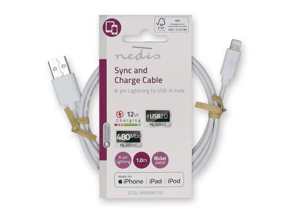 Nedis CCGL39300WT10, 1 m, Lightning, USB A, Hankjønn, Hankjønn, Hvit