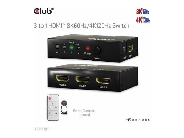 Club 3D CSV-1381 - Video/audio switch - 3-to-1, 8K 60 Hz/4K 120 Hz - 4 x HDMI - stasjonær
