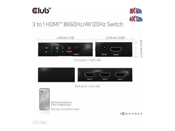 Club 3D CSV-1381 - Video/audio switch - 3-to-1, 8K 60 Hz/4K 120 Hz - 4 x HDMI - stasjonær