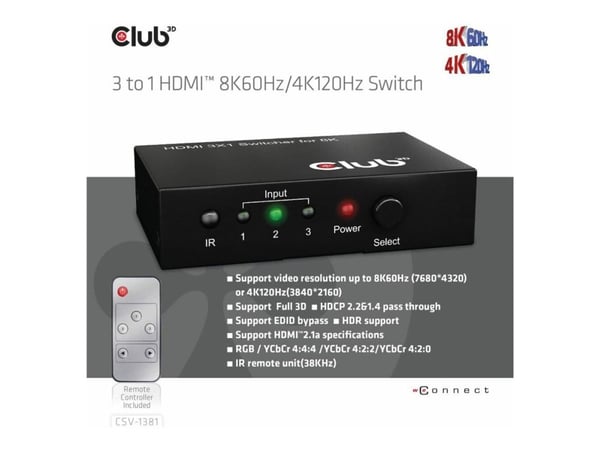 Club 3D CSV-1381 - Video/audio switch - 3-to-1, 8K 60 Hz/4K 120 Hz - 4 x HDMI - stasjonær