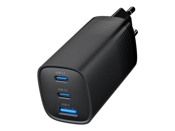 Gembird - Strømadapter - 65 watt - 4.8 A - PD, QC 3.0 - 3 utgangskontakter (USB, USB-C) - svart