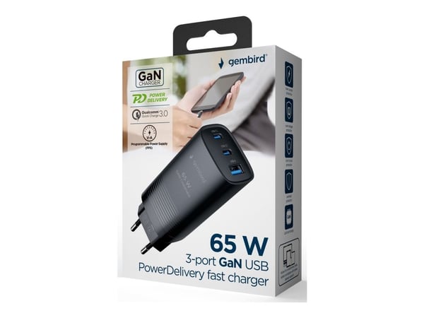 Gembird - Strømadapter - 65 watt - 4.8 A - PD, QC 3.0 - 3 utgangskontakter (USB, USB-C) - svart